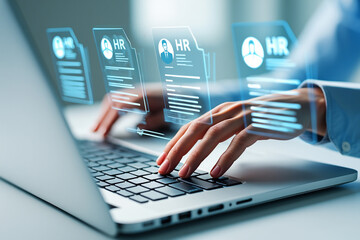 Poster - Human Resources Professional Using Laptop with Digital Resume Interface