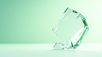 Poster - A broken glass piece against a soft green background, showcasing intricate details and reflections, perfect for design projects.