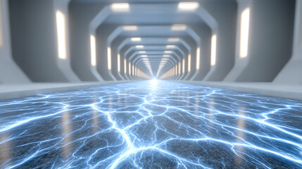 Poster - A futuristic corridor with glowing electric floor patterns, illuminated by sleek white lights, leading to a bright destination.