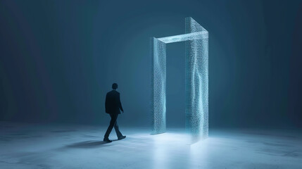 Aufkleber - A person walks towards a futuristic, transparent door illuminated in a dark environment, symbolizing innovation and new beginnings.
