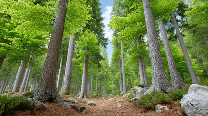 Poster - A serene forest landscape showcasing tall trees and dappled sunlight filtering through vibrant green leaves, inviting tranquility and peace.