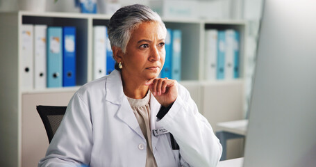 Poster - Computer, woman and doctor thinking with research in clinic for online report, diagnosis or treatment. Tech, medical service and female healthcare worker with internet for prescription in office