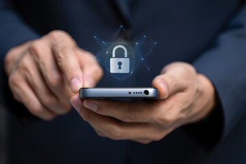 Poster - Businessperson using smartphone with digital lock security interface