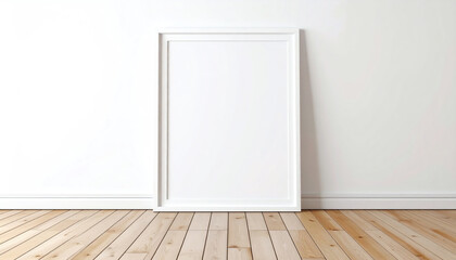 Poster - A blank white frame stands against a minimalist wall and wooden floor, creating a clean and modern aesthetic for potential artwork