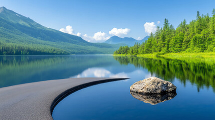 Aufkleber - Stunning landscape featuring serene lake, majestic mountains, and lush forests under a clear blue sky, reflecting nature's beauty.