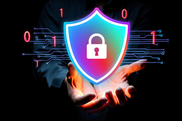 Poster - Cybersecurity Protection Digital Shield with Padlock in Hands