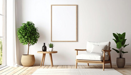 Poster - A minimalist interior featuring a cozy chair, potted plants, and a blank frame on the wall, creating a serene and inviting atmosphere