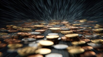 Poster - Dynamic Explosion of Digital Coins With Blur Motion Creating a Vibrant Display of Currency in a Dark Background