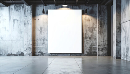 Poster - A minimalist gallery space featuring a large blank canvas on a concrete wall, illuminated by stylish pendant lights, creating a modern aesthetic