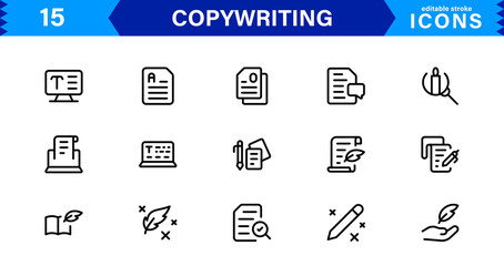 Copywriting Icon Set Featuring Content Creation, Writing, Editing, Marketing, and Communication Symbols in a Professional, Vector-Based Design