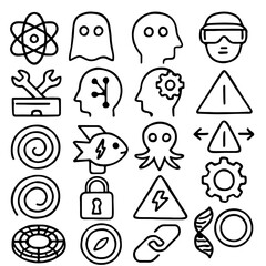 Poster - A set of black and white line icons on a white background, featuring abstract science, technology, and conceptual images