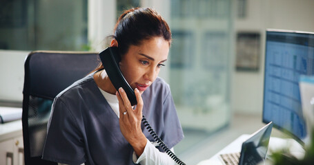 Poster - Woman, serious or doctor in hospital for phone call, medical discussion or update patient condition. Healthcare, surgeon or talk at tech for planning surgery, insurance request or contact next of kin