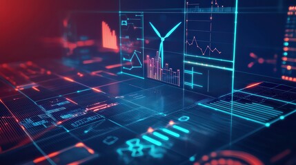 Fototapete - Corporate office aerial view dynamic financial dashboard visualization for futuristic business insights