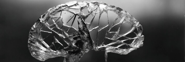 Poster - Cracked Glass Shaped Like a Brain Symbolizes Mental Breakdown and Emotional Distress in a Monochrome Setting