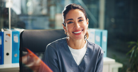 Poster - Happy, woman and portrait of doctor in hospital with confidence for healthcare career in office. Smile, pride and female surgeon from London with medical support for job opportunity in clinic.
