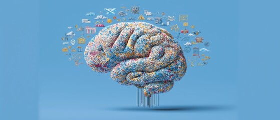 Poster - Abstract human brain constructed from colorful pins against blue backdrop, floating technology and science symbols, symbolizing AI interdisciplinary knowledge integration concept.