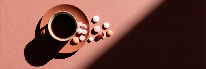 Poster - Coffee Cup Surrounded by Spilled Pills and an Intriguing Shadow on a Warm Colored Surface in a Cozy Setting