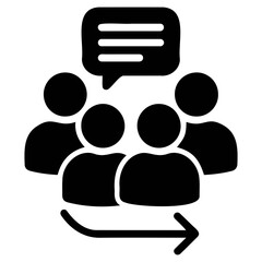 Poster - black icon showing a group of people with a speech bubble and an arrow pointing to the right on tran