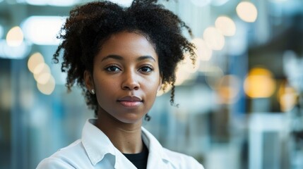 Wall Mural - a young woman in a lab coat standing in a modern laboratory with a blurred background.