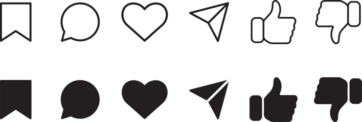 Poster - social media interface icon set, Like, comment, share, and save icon vector of social media. Love, speech bubble, paper plane, favorite sign, 