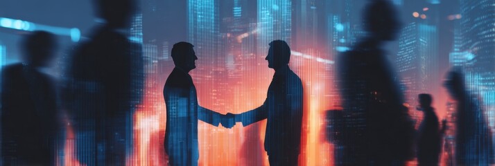 Poster - Business Professionals Engaging in Handshake Over Illuminated Deal Board Amid Cityscape Backdrop in a Modern Corporate Setting
