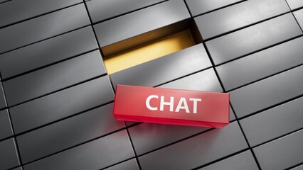 Poster - Chat.metal blocks spelling.Flat lay view from above on metal blocks buttons.IT technology concept.3D rendering on red background.
