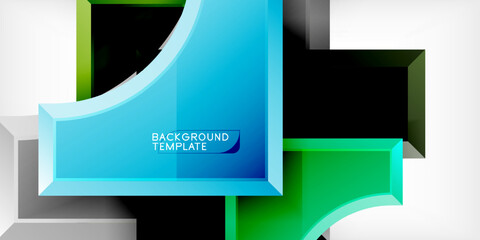 Poster - Abstract geometric design. Bright blue, green elements over black, white background. Modern template for presentations, graphics.