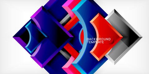 Poster - Abstract geometric design. Overlapping squares create dynamic visual effect. Bright colors contrast with dark background. Modern template.