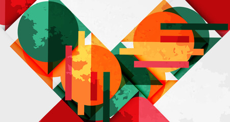 Aufkleber - Abstract geometric composition. Overlapping shapes, vibrant colors, modern design. Red, green, orange elements create dynamic visual impact.
