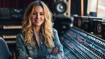 Wall Mural - a young woman with long blonde hair, wearing a denim jacket, standing in a recording studio with a m
