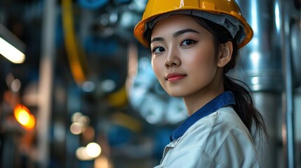 Wall Mural - a young woman wearing a yellow hard hat and a white lab coat, standing in a industrial setting with 