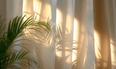 Wall Mural - tropical leaves casting shadows through sheer curtains, sunlit interior. generative ai