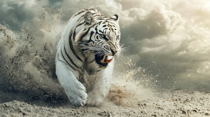 Wall Mural - A white tiger running through a sandy terrain with a dramatic sky in the background.