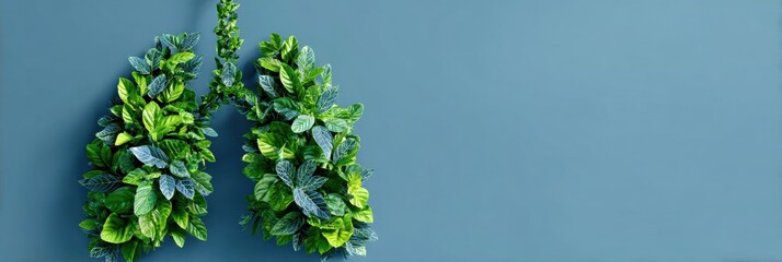 Poster - Lungs Composed of Vibrant Green Leaves Against a Clean Blue Gradient Background Represent Nature and Health