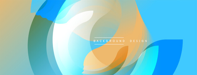 Poster - Abstract fluid shapes overlap, creating dynamic colorful composition. Light blue dominates with orange accents. Modern design element.