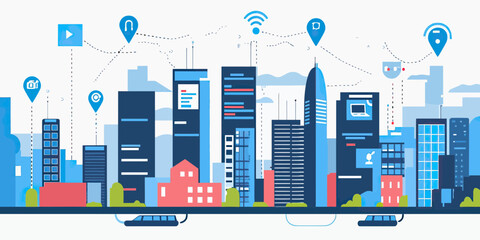 Poster - Smart city digital connectivity wireless internet network urban buildings modern technology communication icons flat vector illustration