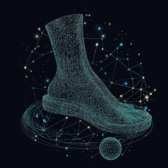 Poster - Wireframe 3D foot and ankle structure with star constellation and glowing points in futuristic space style digital vector illustration