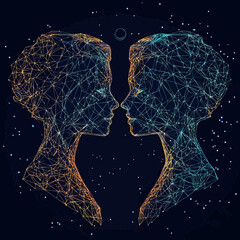 Poster - Gemini zodiac sign abstract wireframe dual faces constellation illustration with glowing polygonal lines and stars on dark background digital art
