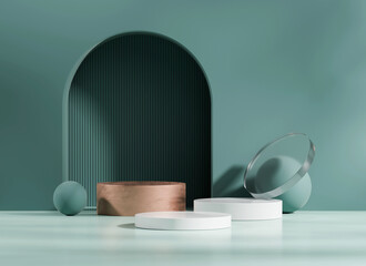 Poster - 3D rendering minimal green gold  podium pedestal for product presentation background