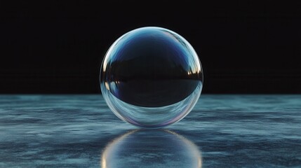 Poster - Reflective sphere on a smooth surface with a dramatic black background showcasing light reflections and textures