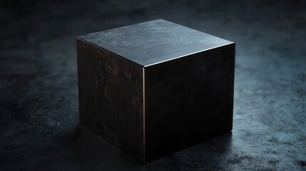 Poster - Black Metallic Cube on Dark Surface with Subtle Reflection and Soft Lighting in Artistic Composition for Abstract and Modern Design