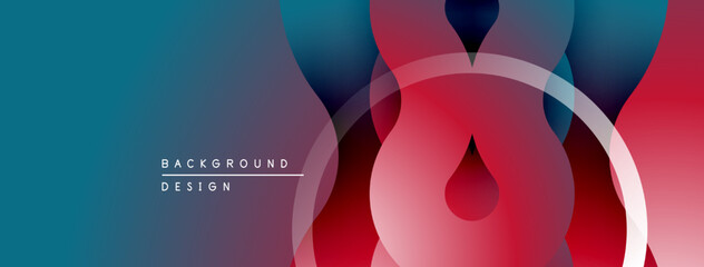 Poster - Abstract design features overlapping circles, gradients. Colors include red, blue, teal. Modern aesthetic, simple composition.