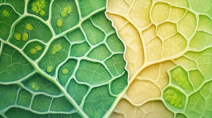 Poster - Close-Up of Intricate Leaf Structures Displaying Nature's Patterns in Vibrant Green and Yellow Shades for Natural Science and Botanical Themes