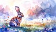 © Zevania - Watercolor rabbit sits peacefully in a field of wildflowers under a dreamy sky landscape art