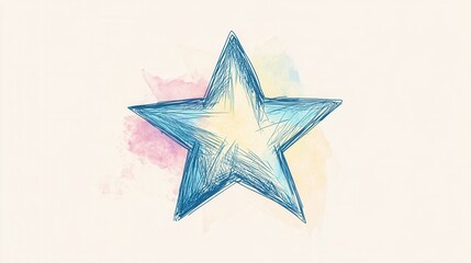 Poster - Blue five-pointed star with colorful watercolor background in soft pastel shades creating a whimsical and artistic design for creative projects