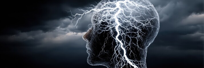 Poster - Electric Storm Visualizes Stress Overload as Lightning Strikes Illuminate the Head Outline Against a Dark, Stormy Background