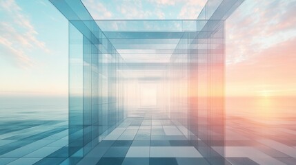 Poster - Futuristic Transparent Architecture with Glass Walls Overlooking Serene Water Under Colorful Sky at Sunrise
