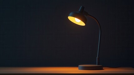 Poster - Modern desk lamp with warm light illuminating a wooden surface in a dark room showcasing minimalistic design and cozy ambiance for workspace aesthetics