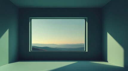 Poster - Serene Mountain View Through Minimalistic Window with Soft Light and Calm Horizon at Dawn, Ideal for Tranquil Spaces and Interior Designs