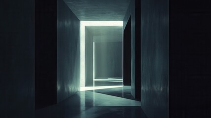 Poster - Abstract Dimly Lit Corridor with Geometric Light Patterns Creating a Mysterious and Futuristic Atmosphere